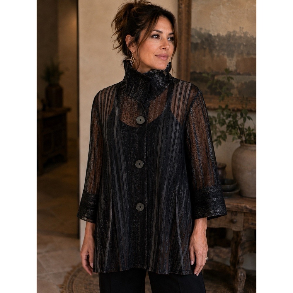 DAMEE Black Sheer Sequin Funnel Neck Tunic Jacket Topper Large Artsy Evening